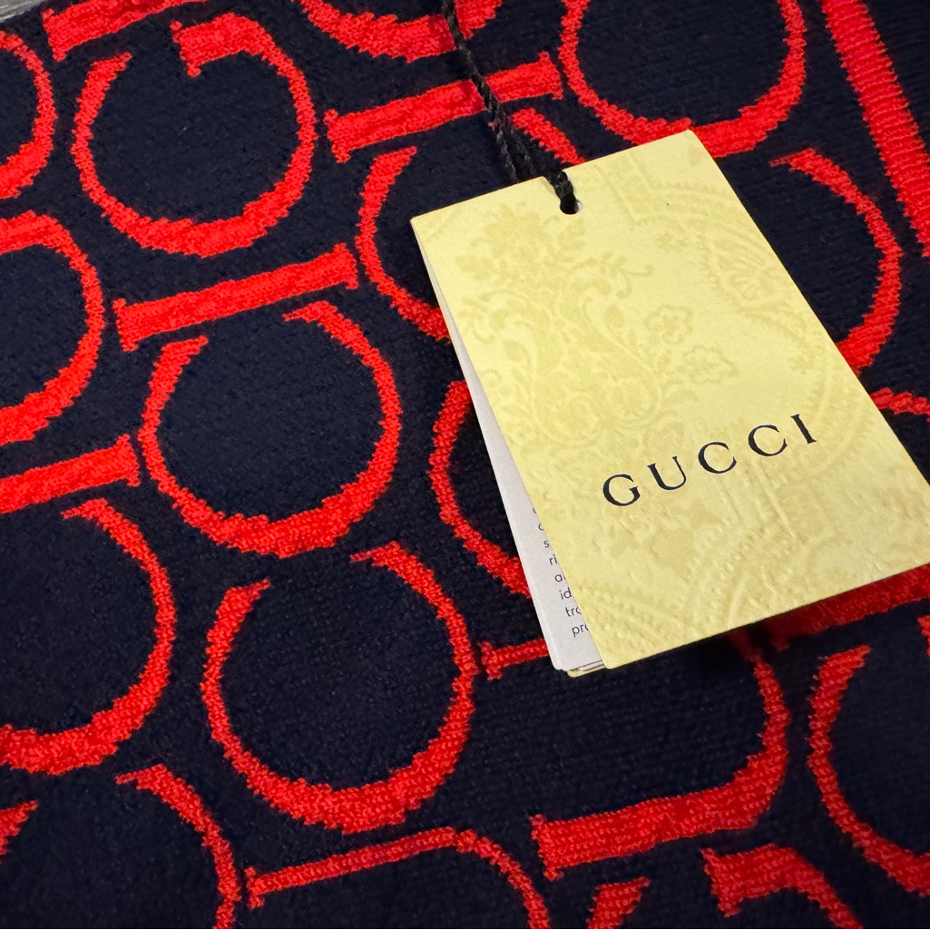 Gucci Navy Blue And Red Graphic Textile Scarf